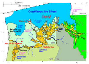 A map showing the extent of glacial lakes Missoula and Columbia, and the land covered by the Missoula Floods