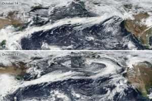 Two NASA photos showing atmospheric rivers composed long lines of storm clouds stretching across the Pacific Ocean