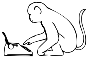A simple black line drawing on a white background depicting a monkey sitting at a typewriter.