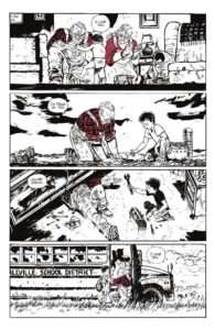 A black and white comic panel with a few splashes of red for emphasis in the illustrations. The first panel shows and older man and woman with a baby just taking his first steps; the man says "I love you." The second panel shows the man with the child, now a boy of about eight, planting seeds in a farm field, and the man is saying "I'm proud of you." The third panel shows the man underneath a car trying to fix it, and the boy handing him a wrench from a toolkit; the man is saying :You are special." The fourth panel shows the man kneeling before the boy as he is about to get onto a school bus; he is telling the boy "I love you."