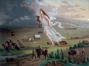 A painting showing a white woman with blonde hair in a flowing white gown floating over American settlers, casting light on the land while indigenous people in the darkness ahead of her run away.